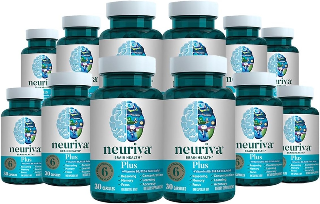 NEURIVA Plus Brain Supplement for hukommelse, fokus og koncentration + kognitiv funktion med klinisk testet Nootropics Phosphatidylserin og Neurofaktor, VIT B6 & B12, 30 Count Capsules (12 Pack)