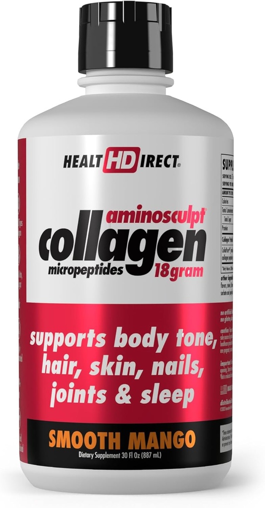 SUNDHEDSDIREKTØR Aminoshipt Sugar- Free Collagen Supplement - Høj potens Medicin- Grade Protein for hår, hud, negle & Joints, Grass- Fed, Non- GMO, Flydende Collagen - Glat Mango - 30 Fl Oz
