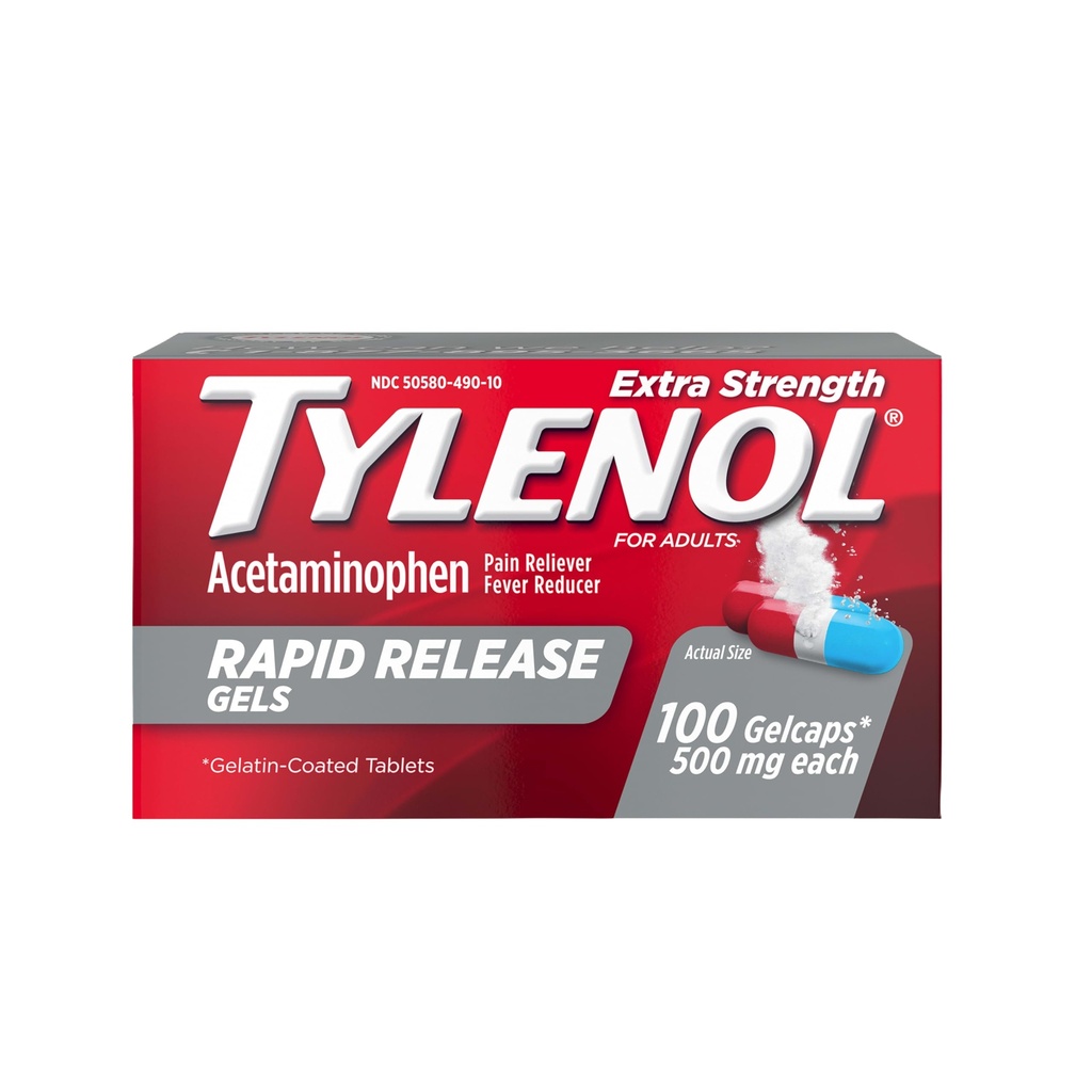 Tylenol Extra Strength Acetaminophen Rapid Release Gels, Pain Reliever & Fever Reducer, Gelcaps med Laser- Boret Holes for Fast Release, Dal på Mave, 500 mg Per Gelcap, 100 Count OTC Medicine