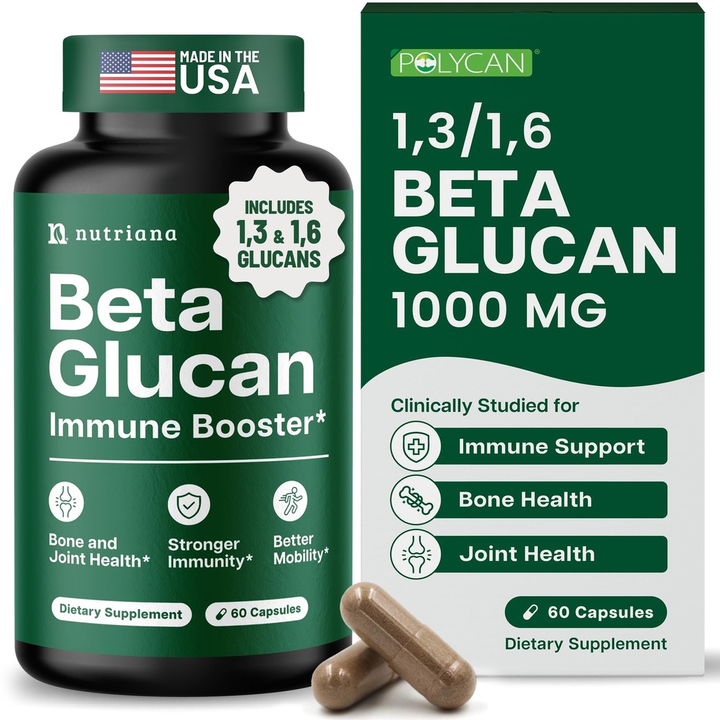 Nutriana Beta Glucan Kosttilskud 1000mg - 1,3 / 1,6D Beta Glucan Kapsler til immunstøtte - Natural Beta Glucan Fiber Supplement - 60 Veggie Kapsler (60 Tæl, Uden smag)
