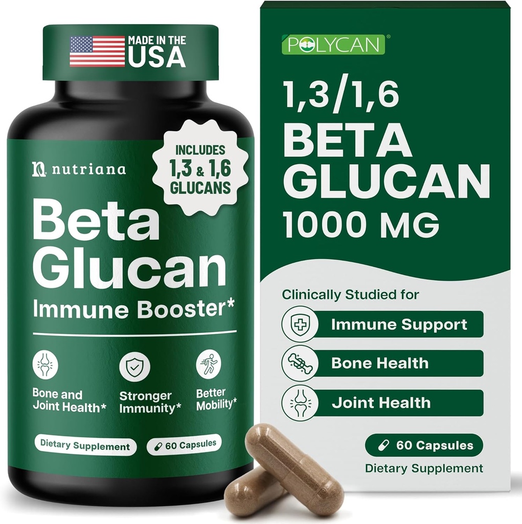 Nutriana Beta Glucan Kosttilskud 1000mg - 1,3 / 1,6D Beta Glucan Kapsler til immunstøtte - Natural Beta Glucan Fiber Supplement - 60 Veggie Kapsler (60 Tæl, Uden smag)