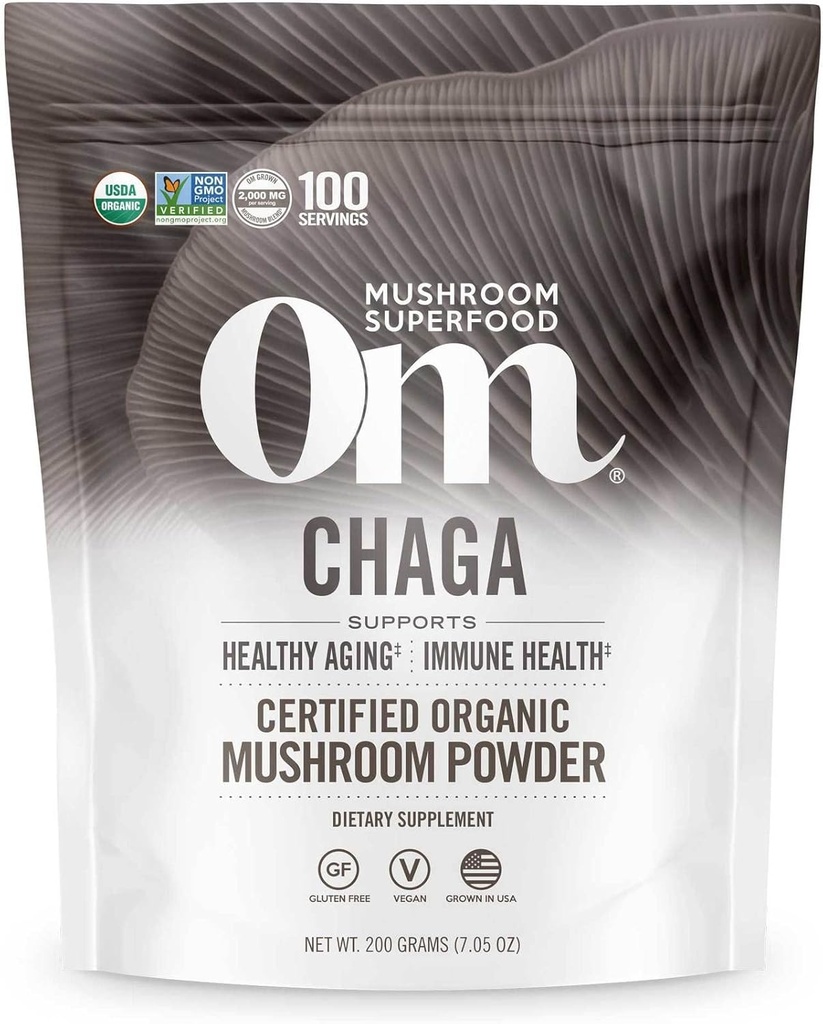 OM MUSHROOM SUPERFOOD Chaga Organic Mushroom Powder, 7.05 Ounce Pouch, 100 Servere, US Grown, Sacred Antioxidants & immunsupport, Superfood Mushroom supplement