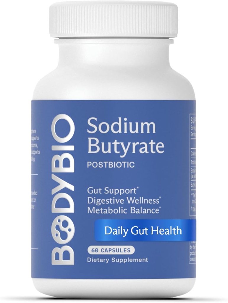 BodyBio Butyrate - Postbiotisk for Gut Health, fordøjelsesstøtte, Bloat, Gas & Forstoppelse Relief, Leaky Gut Reparation - Natrium + Butyric Acid Supplement for GI Wellness