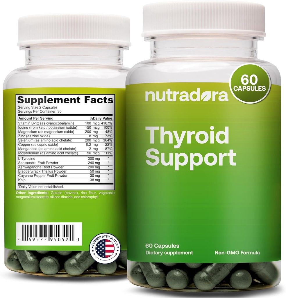 Thyreoideatilskud til kvinder og mænd - Thyreoideatilskud med jod, vitamin B12, Ashwagandha, Selenium og Zinktilskud, GMP Certificeret, Formuleret i USA, 60 kapsler (pakning med 1)