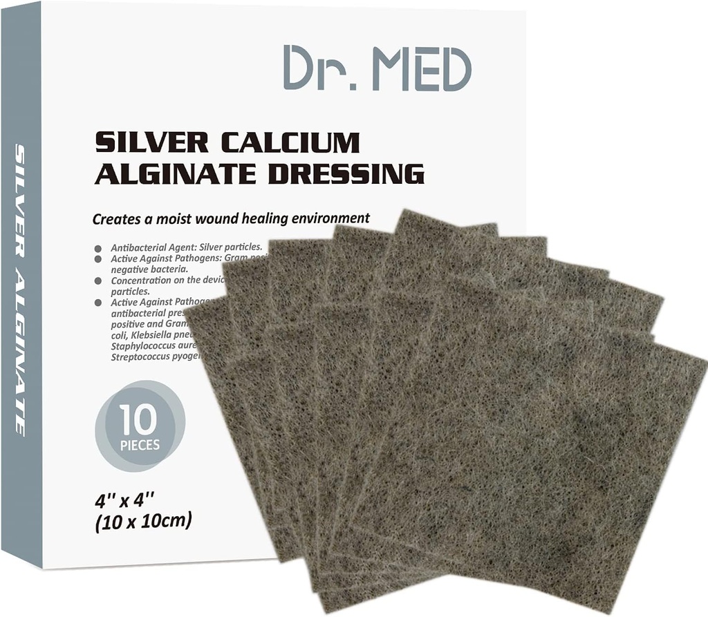 Dr. Med Sølv Calcium Alginate Sår Klædning 4 "x4" Patches, 10 Individuel Pack High Absorbency Ag Alginate Sår Bandage, Non-Adhesive, Painless Removal Gauze for Bedsore, ulcera, Skin Abrasions