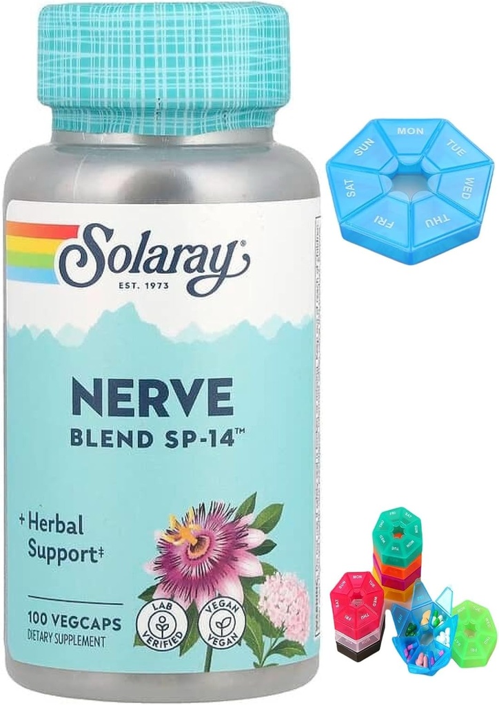 Lavet til Solaray, Nerve Blend SP- 14, 100 VegCaps + 1 Mini Pill Box for 7 dage