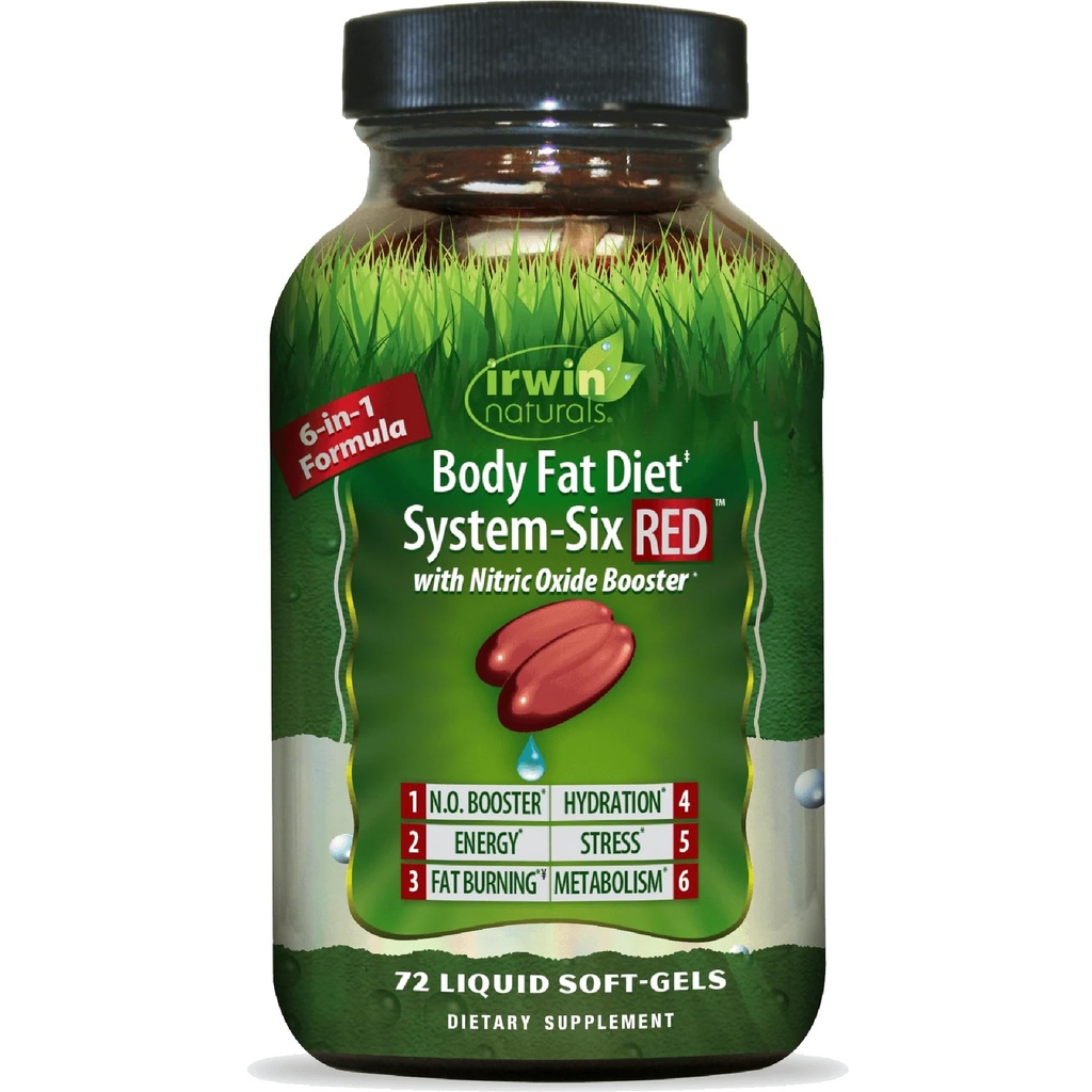 Irwin Naturals Body Fat Diet System- Six RED - 72 Flydende Soft- Gels, 6-in-1 Formel til vægthåndtering med nitrogenoxid Booster - 24 Total Servering