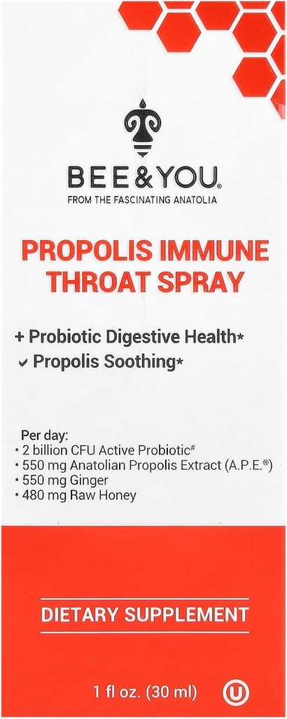 Bee and You Propolis and Probiotic Throat Spray med Ginger, immunforsvar, fordøjelsessygdomme, antioxidanter, Keto, Paleo, Gluten- Free, 1 Fl oz