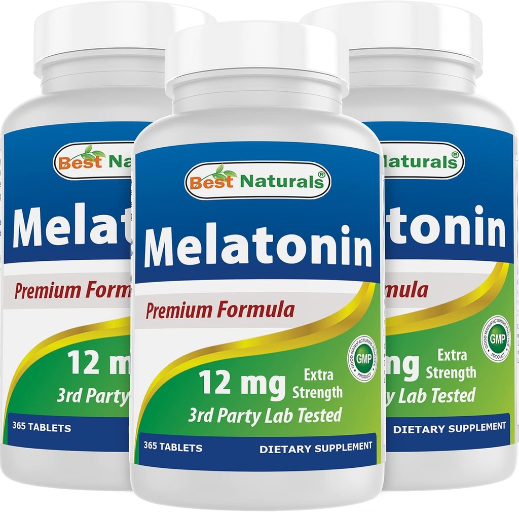 Bedste Naturals Melatonin 12 mg (1 års forsyning) - Drug- Free Nighttime Sleep Aid - Melatonin til søvn og afslapning, 365 Count (365 Count (pakke med 3))