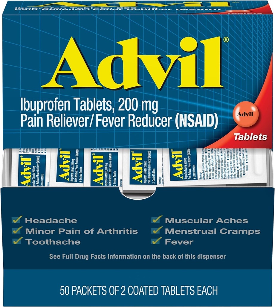 Advil Ibuprofen Tablets, 200 mg Pain Reliever / Fever Reducer (NSAID), 100 tabletter (50 pakker med 2 tabletter Hver)