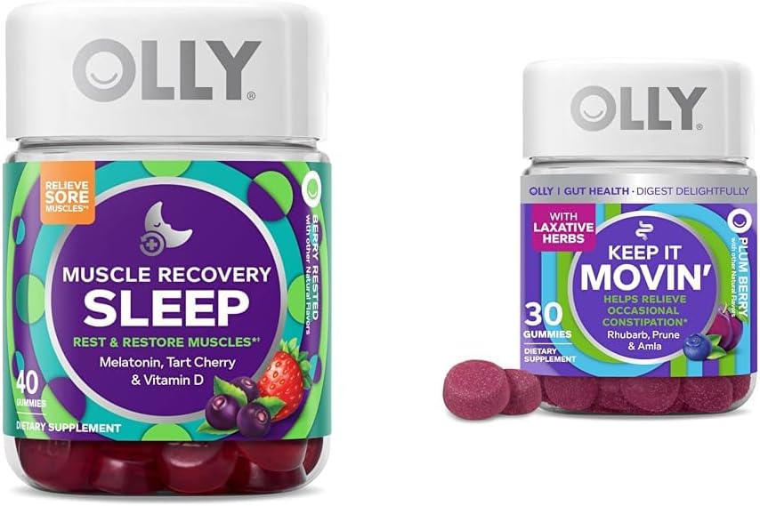 OLLY Muscle Recovery Sleep Gummies med Melatonin, Tart Cherry & Vitamin D, Forstoppelse Relief Gummies med Rabarber, Prunes & Amla - 40 & 30 Tæl
