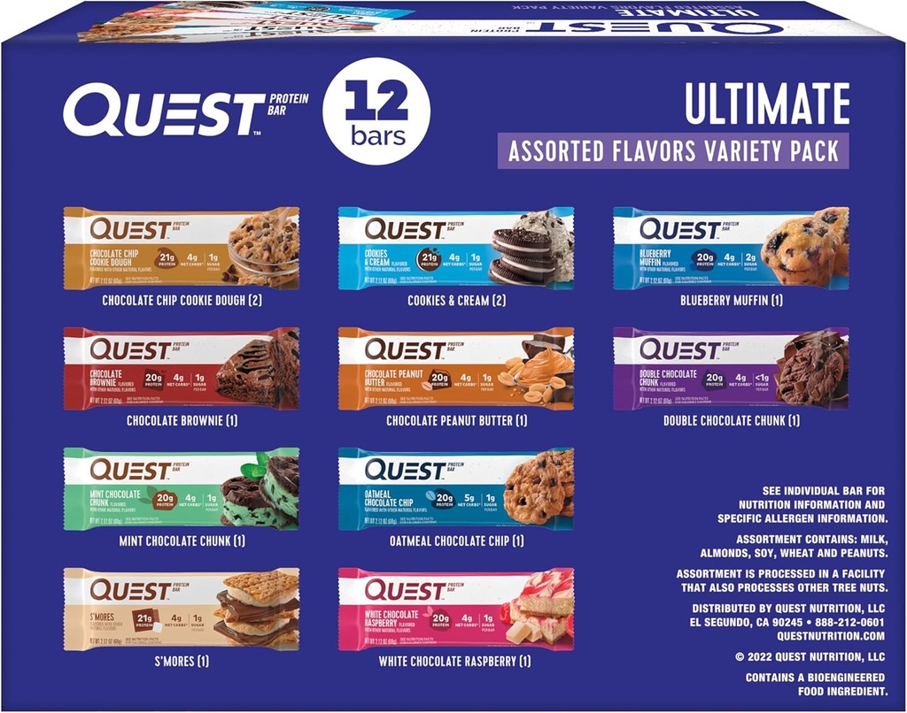 Quest Nutrition Ultimate Variety Pack Protein Bars, High Protein, Low Carb, Gluten Free, Keto Friendly, 12 Greve