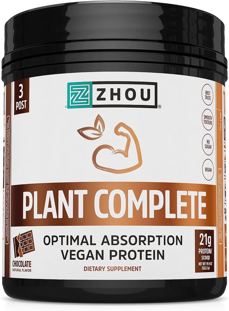 Zhou Plant Complete Vegan Protein Powder - Plant Based Protein Powder for Women & Men, Non Dairy Rice & Pea Blend for Smoothies & Shakes, 21g Protein Per Serving - Chokolade, 17.7oz (16 Servere)