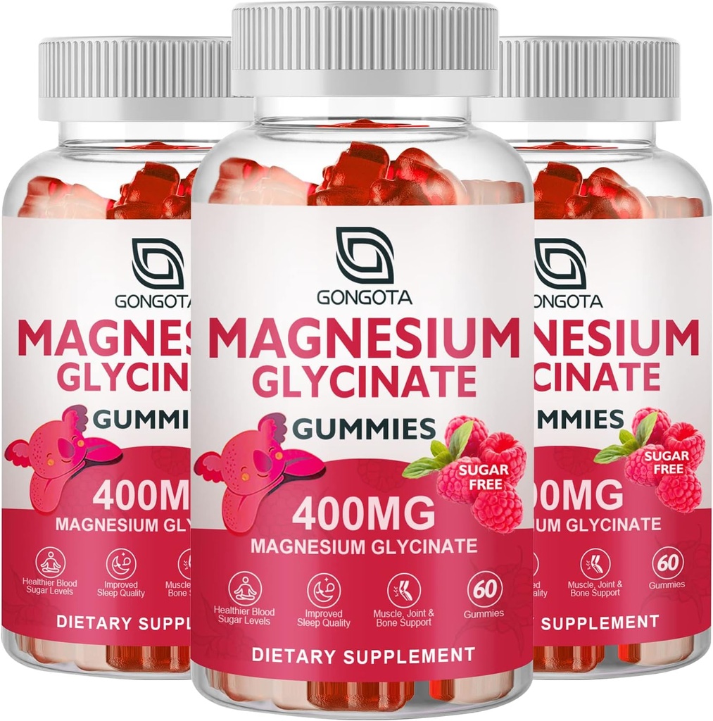 Magnesium Glycinat Gummies 400 mg med 100 mg Composite magnesium - Chelated Magnesium Kalium Supplement med D-vitamin, B6 understøtter rolig, søvn, hukommelse og muskelkramper, sukkerfri - 180 Gummies