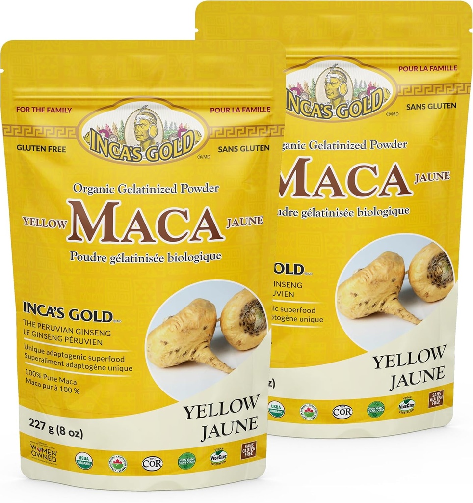 Inca 's Gold Organic Yellow Maca Gelatinized Root Powder for Family - Adaptogen Understøtter Body' s Samlet Vitallity, Immunsystem, Hukommelse og Learning- 100% Pure Maca fra Junin Peru - 454g (Pack of 2)