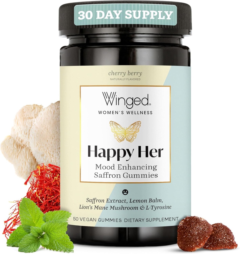 Vinged Wellness Happy Her Mood Gummies - Daily Mood Enhancer Support for Kvinder - Safran, Lemon Balm, Vitamin D & Lions Mane svampe til Balance & Calming Relief - 50 Vegansk Gummies