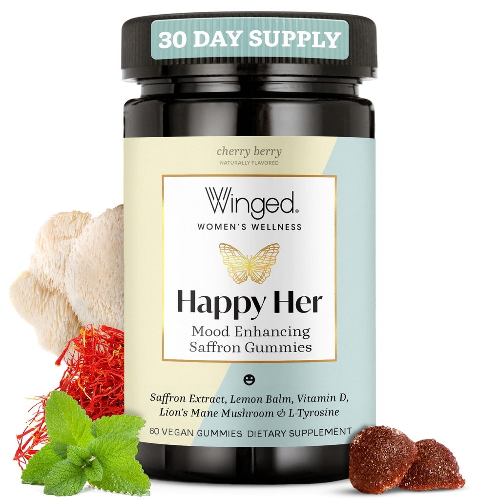 Winged Wellness Happy Her Mood Gummies - Daily Mood Enhancer Support Supplement for Women - Vitamin D with Saffron, Lemon Balm, & Lions Mane Mushrooms for Balance & Calming Relief - 50 Vegan Gummies