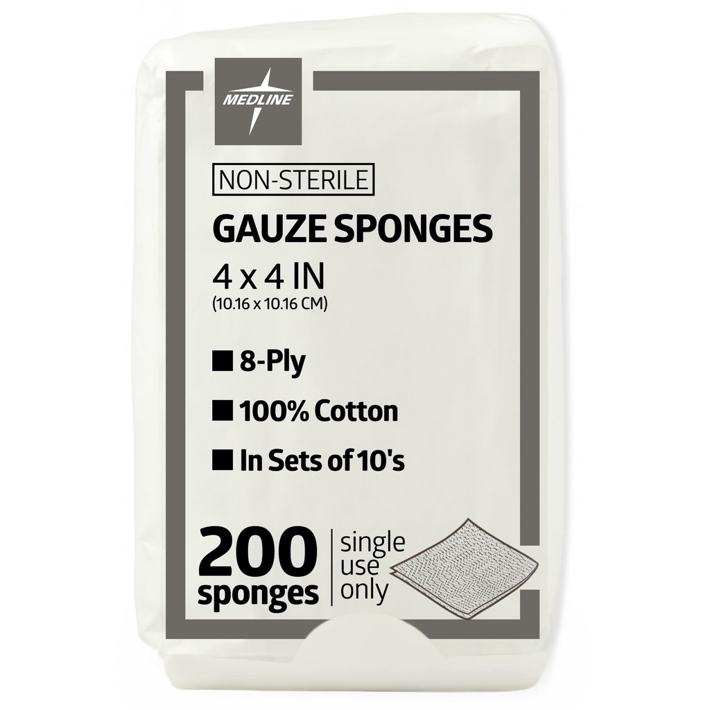 Medline 4 x 4 Tommer Gauze Sponges, Non- sterile 8- Ply vævet Gauze, 100% bomuld, Ideel til Sår Klædning, Sårpleje, Generel førstehjælp, pakke af 200