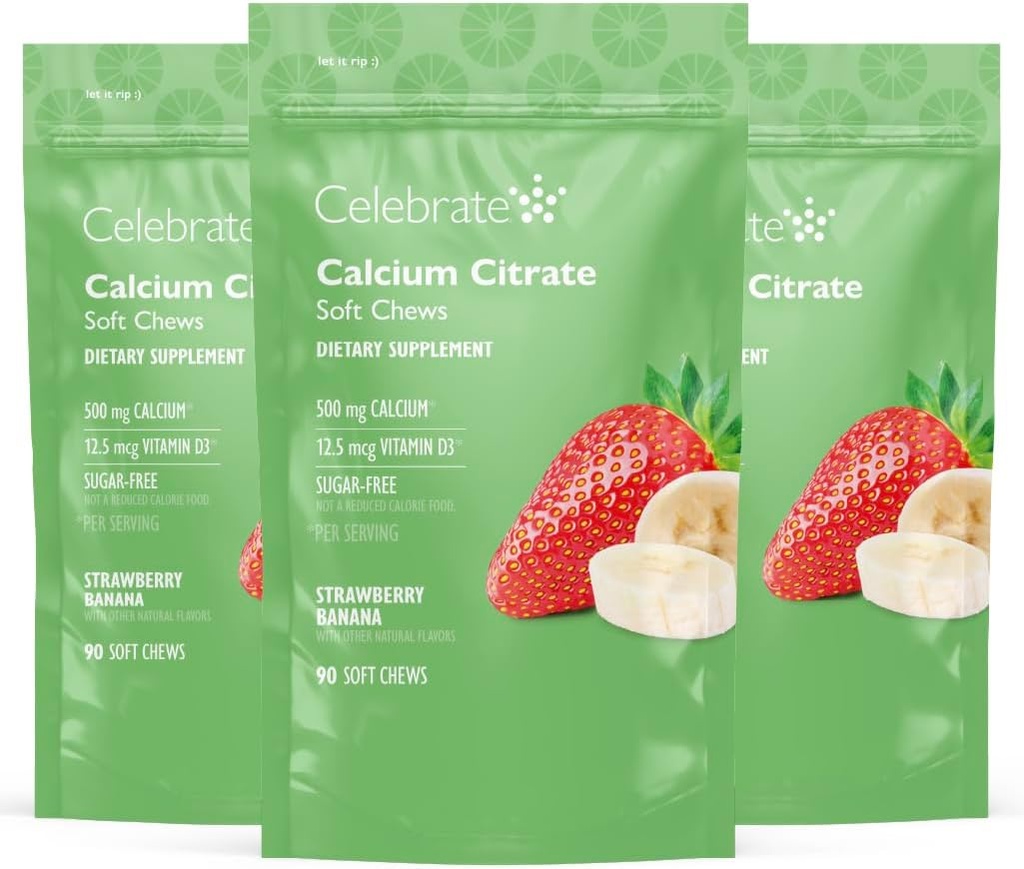 Celebrate Vitamins Bariatric 500mg Calcium Citrate Soft Chews with 500 IU Vitamin D3 – Essential for Gastric Bypass Patients & Bone Health - Sugar & Gluten Free, Strawberry Banana (270 Chews)