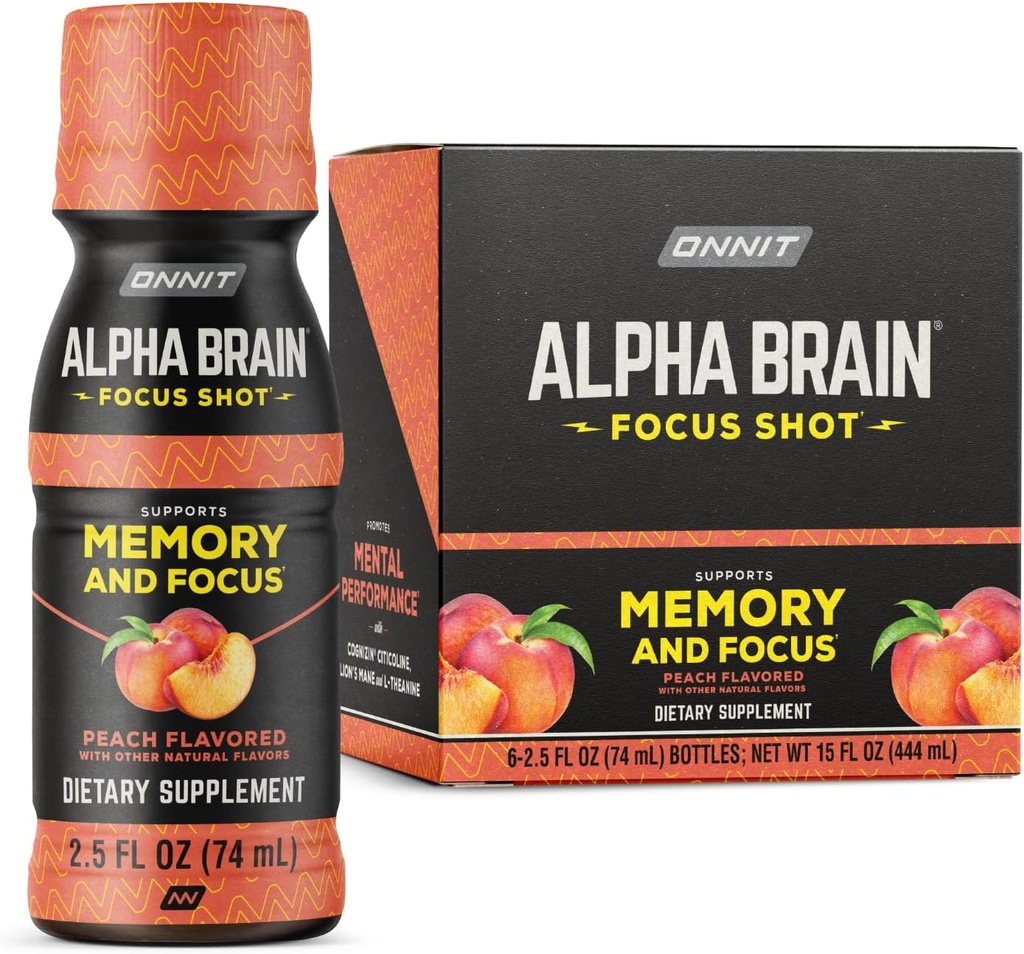 ONNIT Alpha Brain Focus Shot, Peach Flavor, Nootrop Kosttilskud Drikke, der understøtter energi, Focus, og Mood, IGEN ™ Non- GMO Testet, 2,5 fl oz, 6 Greve
