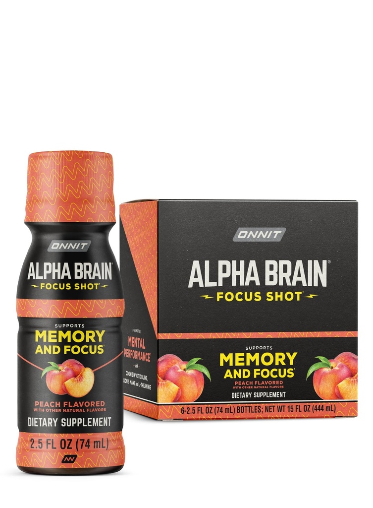 ONNIT Alpha Brain Focus Shot, Peach Flavor, Nootrop Kosttilskud Drikke, der understøtter energi, Focus, og Mood, IGEN ™ Non- GMO Testet, 2,5 fl oz, 6 Greve