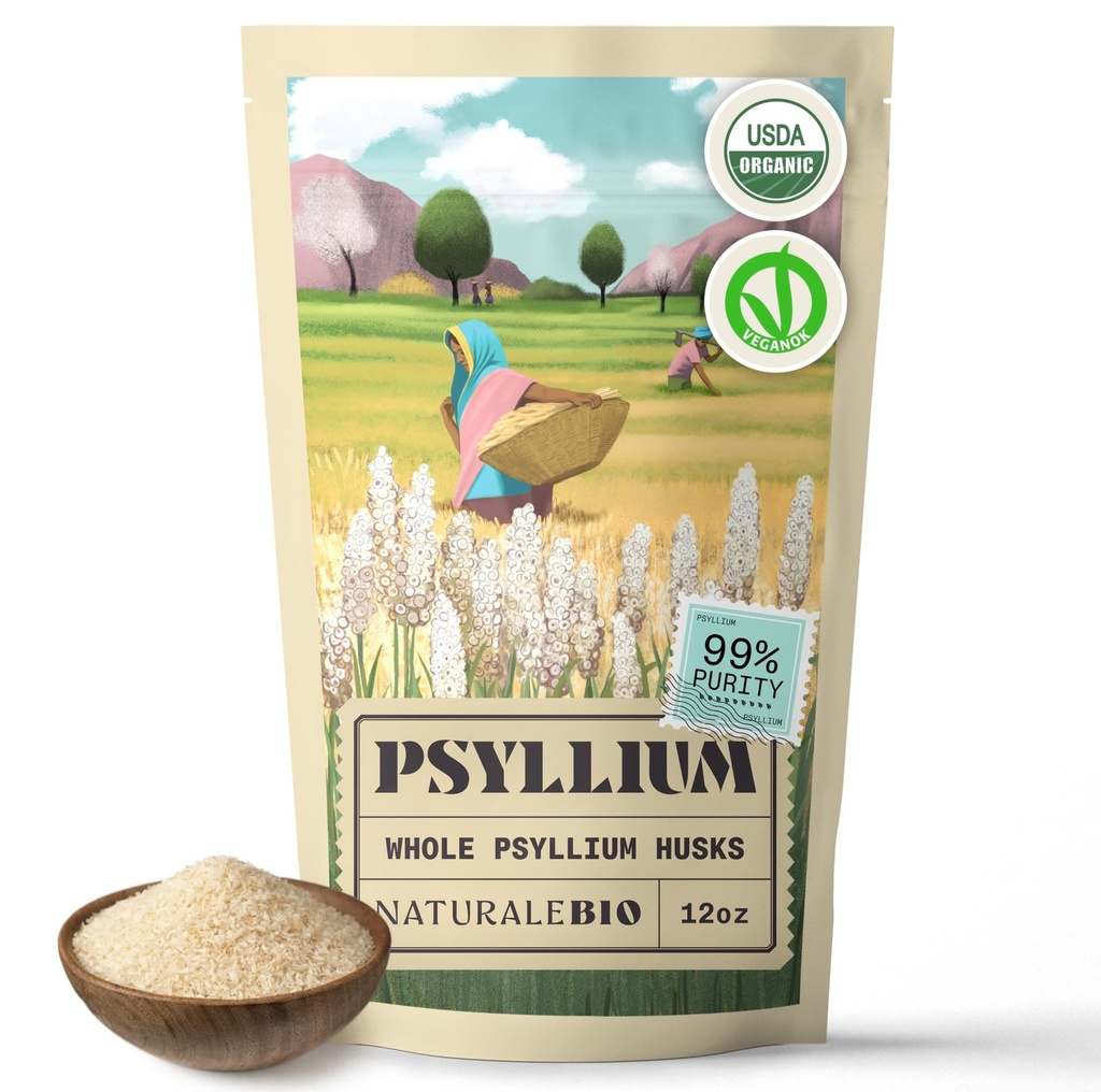 NaturaleBio Whole Psyllium Husk. 12 oz. 99% Psyllium Seed Husk. Naturfibre supplement. USDA Organic Certified. Produceret i Indien. Gluten Free, Keto, Paleo, Vegansk Diets. Probiotika