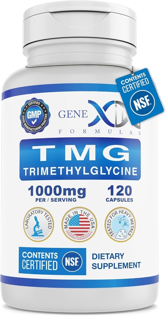 Genex Formulas TMG Supplement 1000mg (120 kapsler) - NSF Certified for Safety, Quality & Label Accuracy - Betain Vandfri Trimethylglycin - Leversupplement - Gluten Free & Non- GMO - 30- Day Supply