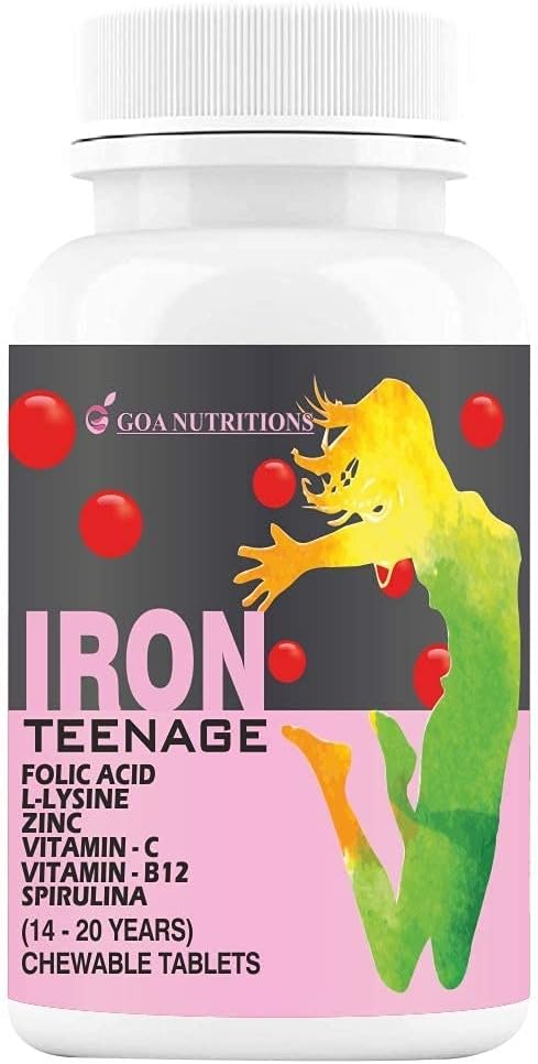Generisk Viva jerntabletter med folinsyre C-vitamin, B12, lysin, Spirulina & Zink Kosttilskud som Hæmoglobin Builder, Immunitet Boostere, Energi til kvinder Teenager Piger - 60 Chewables (pakke med 1)
