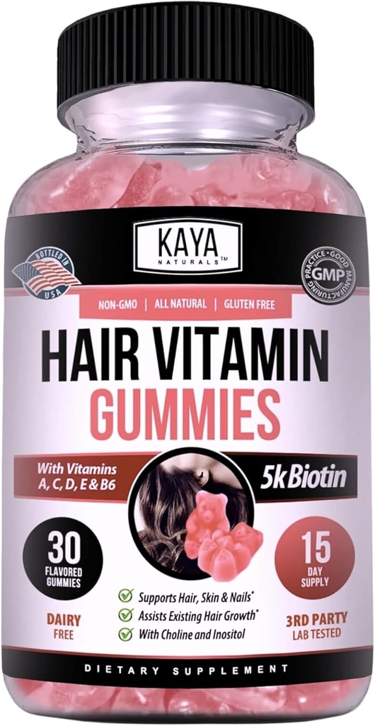 Kaya Naturals Hårvækst Gummier - Biotin 5000mcg Vitaminer for sundt hår, hud og negle - Skønhed supplement til kvinder eller mænd - 30 Greve - Blåbær Flavor
