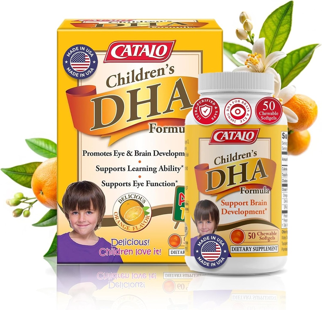 CATALO børns DHA Formel Fish Oil Kosttilskud, Chewable Softgels, 200mg DHA per Serving, Omega-3, Natural Orange Flavor for Kids, for Brain Function & Eye Development, Let at tage, 50 Softgels