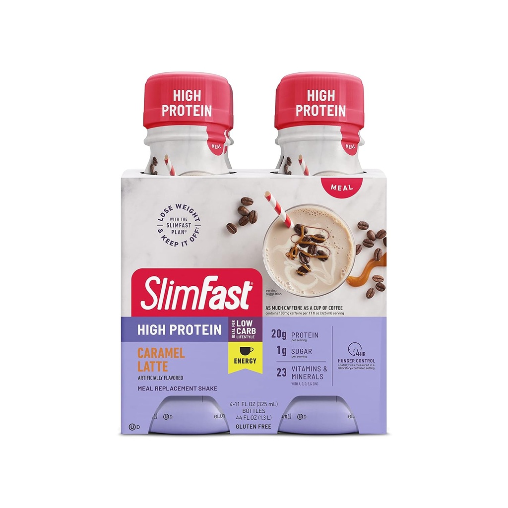 SlimFast Advanced Energy Caramel Latte Shake - Klar til at drikke køderstatning - 20 g protein, 11 fl. oz. Flaske, 4 greve (Packaging May Vary)