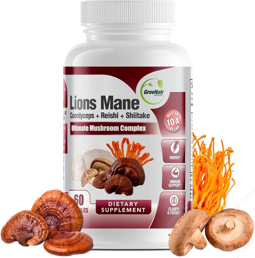 GreeNatr Complete Mushroom Supplement -10 i 1 Kompleks med Lions Mane, Cordyceps, Shiitake, Chaga, Tyrkiet Hale for immunforsvar, hukommelse, Focus & Natural Energy Booster - 60 kapsler (1 flaske)