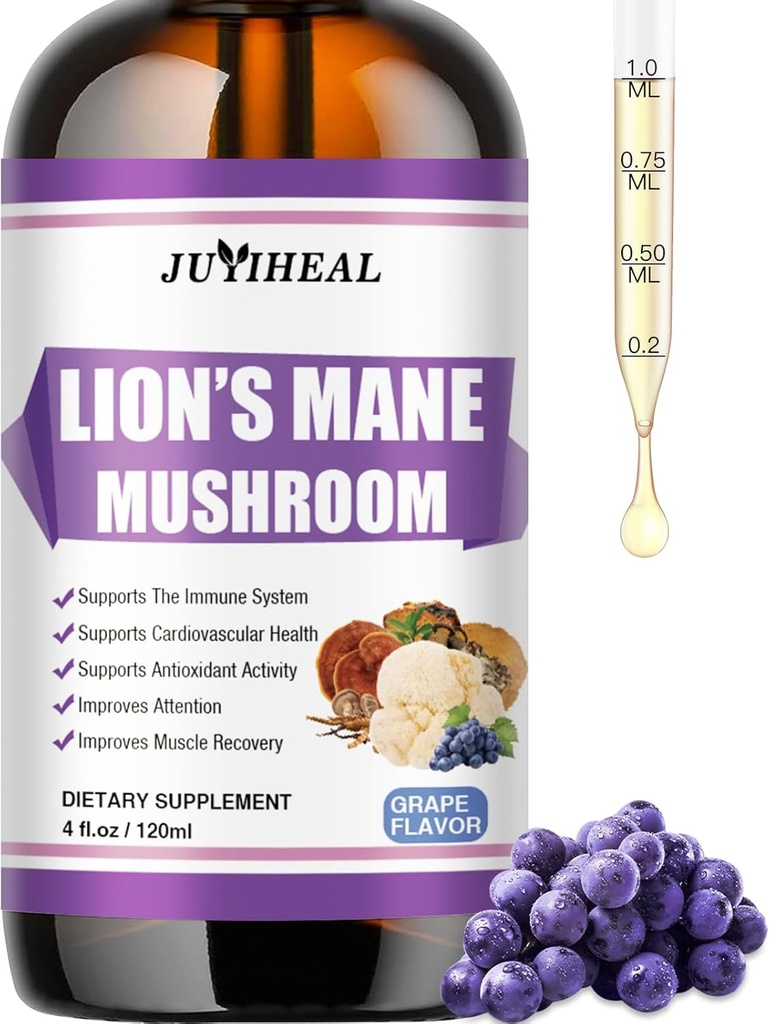 Lions Mane Liquid - Brain Support, Energy, Memory & Focus - Sugar & Alcohol- Free Lions Mane Supplement - 4 Fl OZ, 4 Måned Supply, Grape Flavor