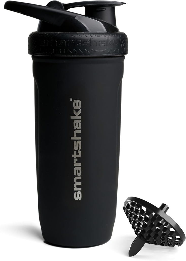 Smartshake Reforce rustfrit stål Protein Shaker Flaske - Ikke isoleret Unisex Gym Flaske - 124; Metal Shaker Flasker - 900 ml - 124; 30 oz - Læbefast skrue- On Lid - DEHP & BPA Free (Sort)
