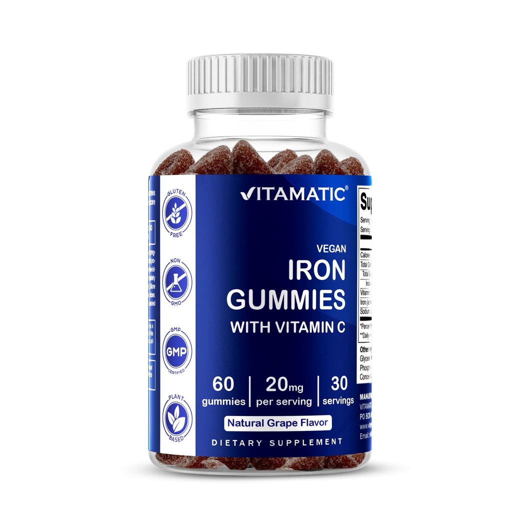 Vitamatisk jerngumies Supplement for kvinder og mænd - 20 mg servering - 60 Vegansk gumies - Store smagfulde jerngummivitaminer med C-vitamin (60 greve (pakke med 1))