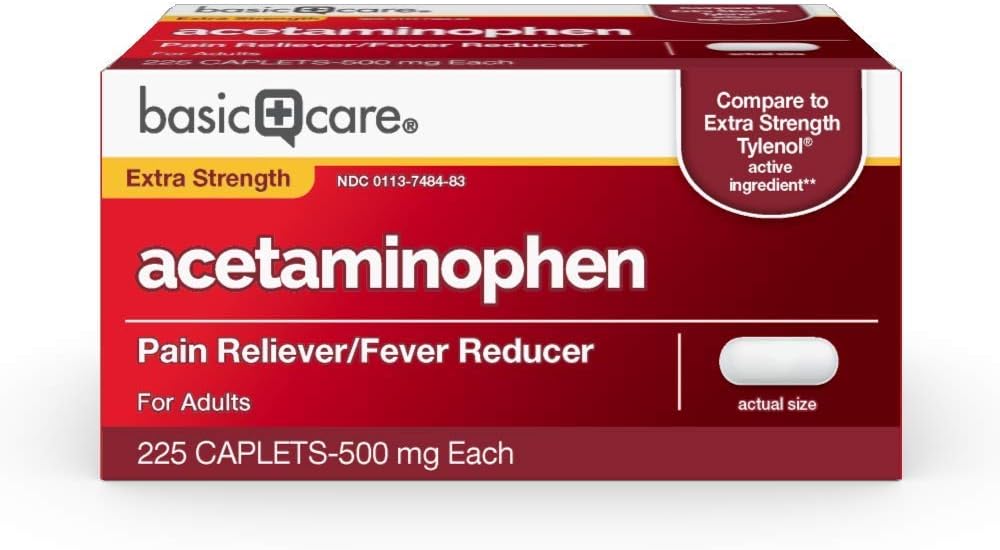 Basic Care Extra Strength Pain Relief, Acetaminophen Caplets, 500 mg, 225 Tælling