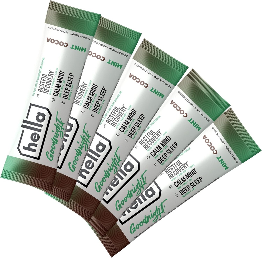 Hella Goodnight-Restainful Recovery, Melatonin Sleep Drink Mix med Magnesium, 5-HTP, Reishi, GABA, og Zink, Understøtter Nighttime Afslapning, Falling Assoil & Staying Assoin, Mint Kakakao