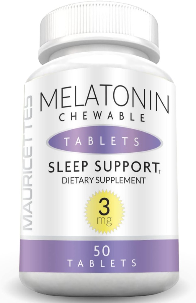 Mauricettes Natural Melatonin 3 mg tyggetabletter - hurtig virkende 3 mg sovetryne piller til børn, Teens, og voksne, Unflavored, Ikke-addictive, Opløselig søvn support, 50 tyggetøj
