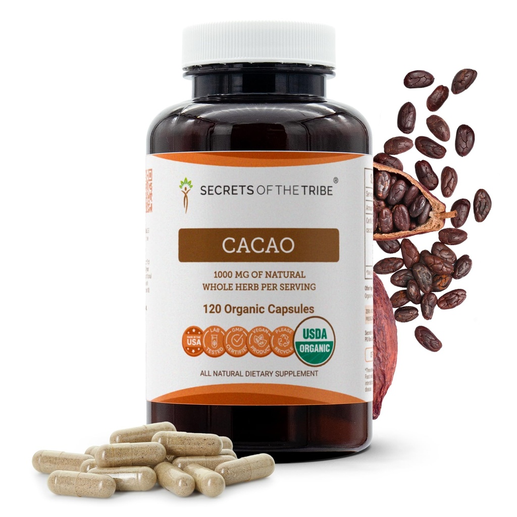 USDA Organic Cacao Kapsler, 1000 mg, 120 Greve - Raw Tørret Theobroma Cacao Bønner