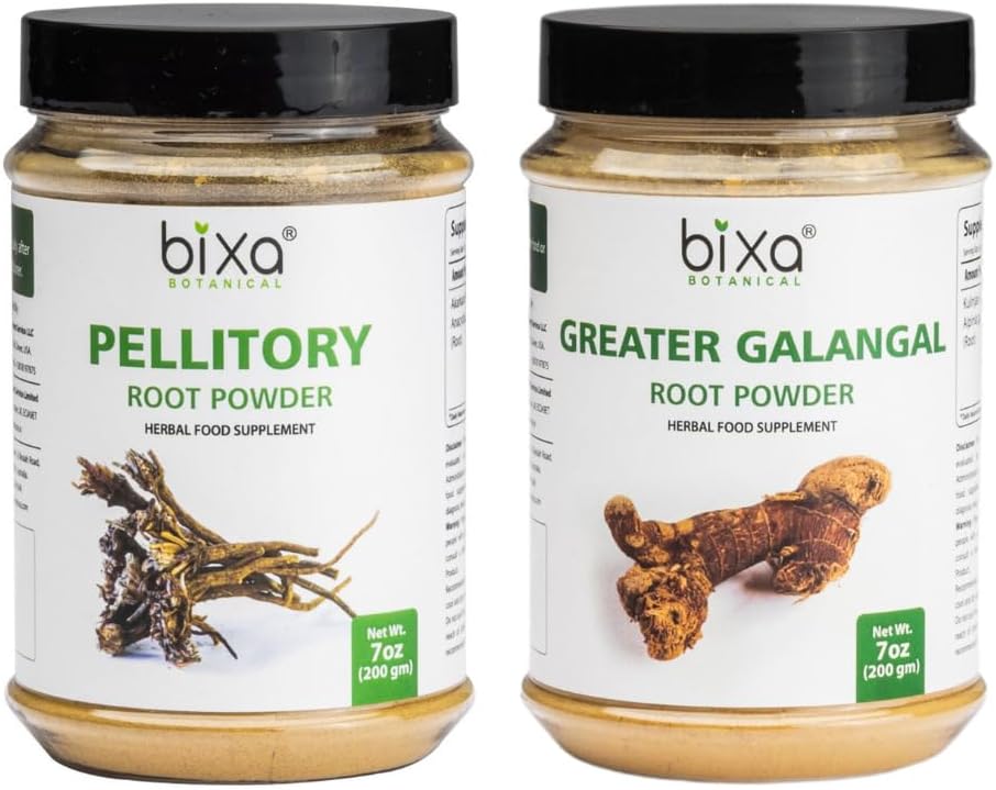 bixa BOTANIC Pellsial Root Powder (Anacyclus Pyrethrum / Akaratra) 7 Oz + Galangal Root Powder (Kulinjan / Alpinia Galanga) 7 Oz Bundle Name 124; Herbal Supplement Combo