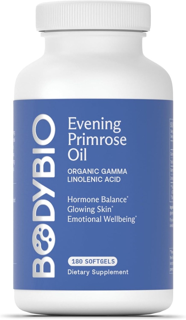 BodyBio Evening Primrose Oil - Natural Gamma Linolenic Acid for Healthy Skin & Hormone Balance - Non-GMO, Cold Pressed, 180 softgels