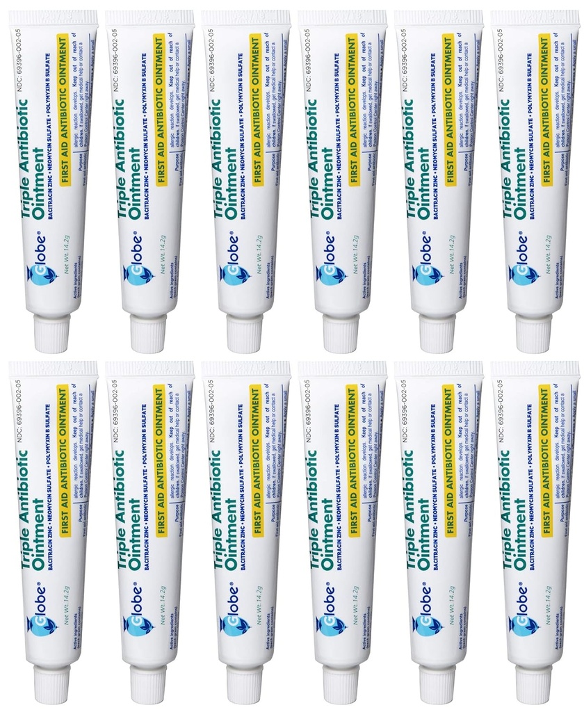 Globe (12 Pack) Triple Antibiotisk Førstehjælp Salve 1 oz, Førstehjælp Antibiotisk Salve, 24-timers infektion beskyttelse, Sårpleje behandling for mindre Scrapes, Burns og Cuts
