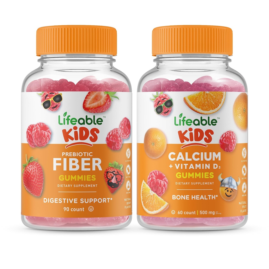 Lifeable Prebiotic Fiber Kids + Calcium med D-vitamin børn, Gummies Bundle - Great Tasting, Vitamin Supplement, Gluten Free, GMO fri, Chewable Gummy