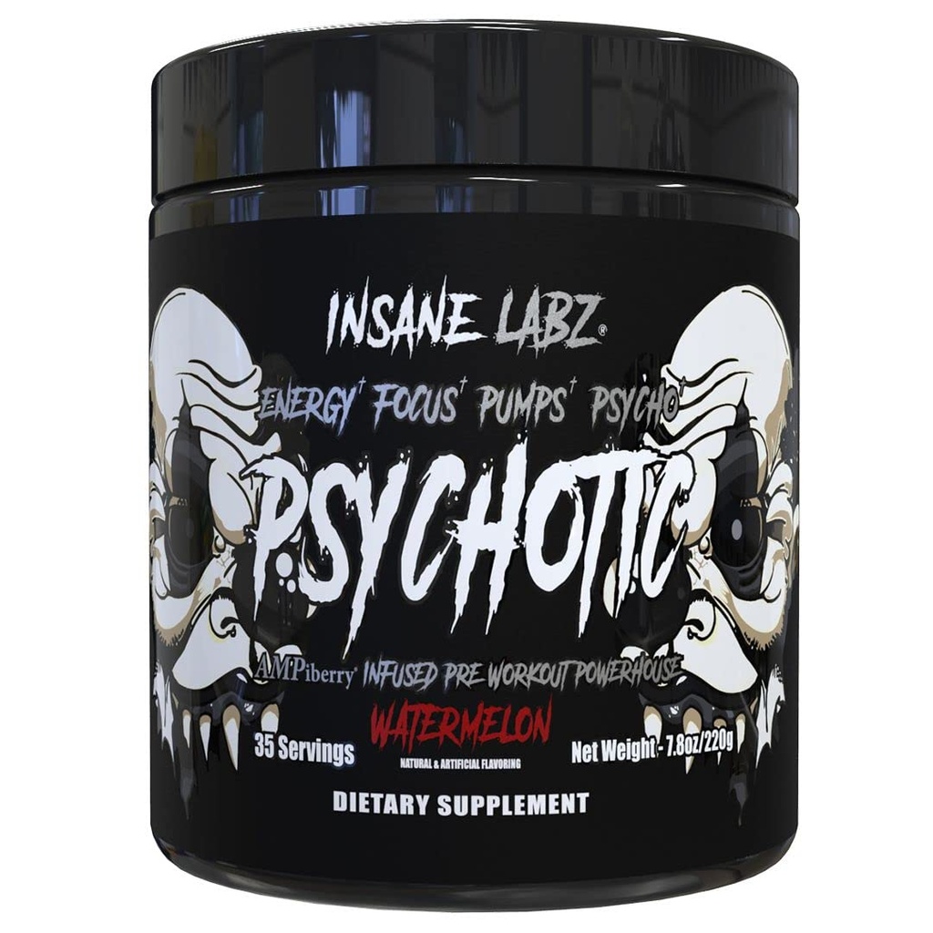 Insane Labz psykotisk sort udgave Mid Stimulant Pre Workout Powder, Energy Focus Pumper, Indfyldt med Creatin Beta Alanine Taurine Fueled by AMPiberry, 35 Servere (Watermelon)