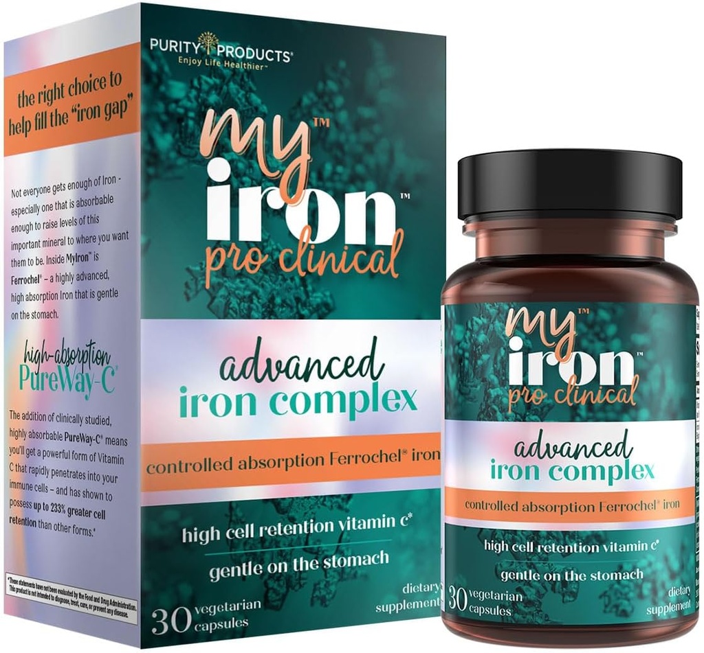MyIron ProClinical by Renhed Products - Iron (FerroBisglycinate Chelelat) + C-vitamin (PureWay- C) - Genert på Maven - kontrolleret absorption - fremmer sunde røde blodceller - 30 greve (1)