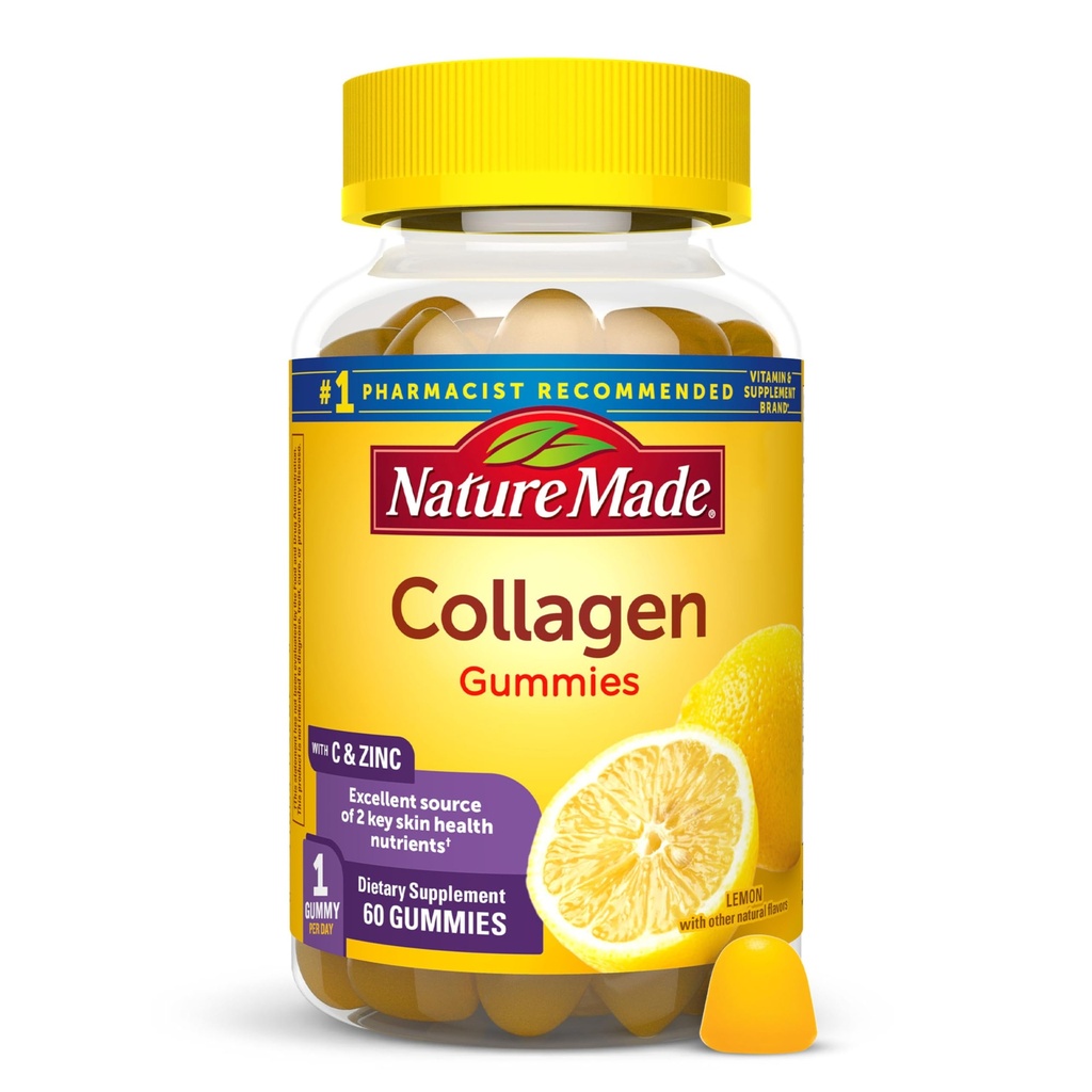 Nature Made Collagen Gummies med C-vitamin, zink og biotin, Hydrolyzed Collagen Peptider supplement til sund hudstøtte, 60 Gummies, 60 Day Supply