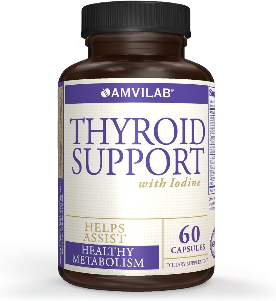 Thyreoideastøtte med jod, B12-vitamin og 12 andre væsentlige indholdsstoffer-Sund Thyreoidea, Happy Life. Revitaliser Metabolisme, Energi & Kognitiv Sundhed. 60 Kapsler
