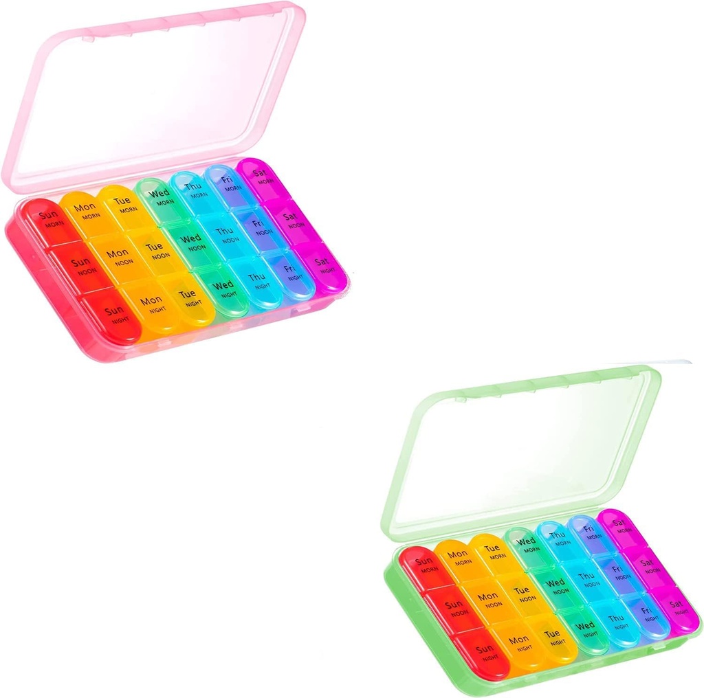 Asprink Pink og Green Pill Organizer 3 gange om dagen - Ugentlig Pill Box 3 gange om dagen - Daily Pill Box 7 dag Medicine Organizer, Stor Pill sag Pill Box 3 gange om dagen, Rejser Pill Organizer