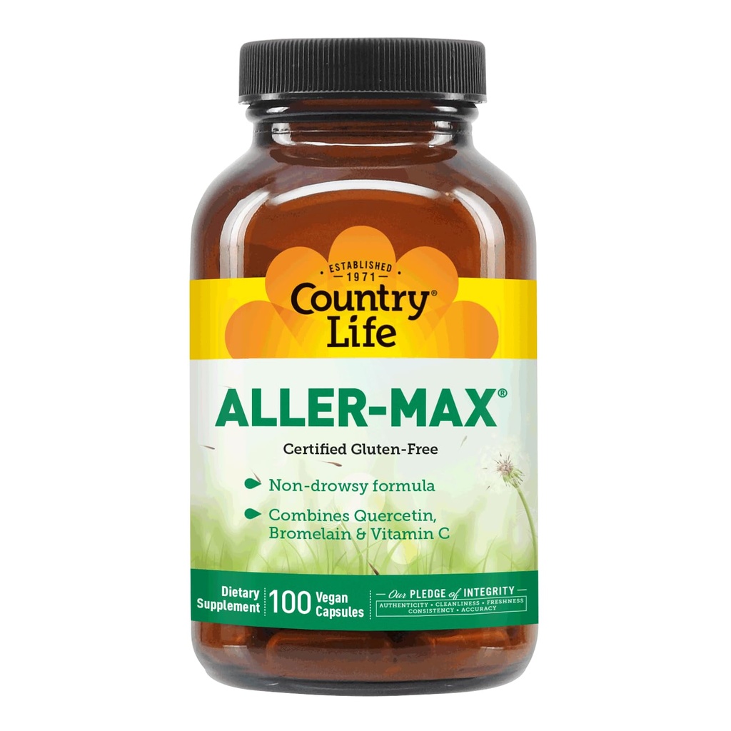 Country Life Aller- Max - Quercetin Kosttilskud med bromelain - Immunstøtte med C-vitamin, zink og botanisk blend - Certificeret Glutenfri, Vegan (100 greve (pakke med 1))