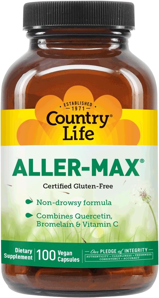Country Life Aller- Max - Quercetin Kosttilskud med bromelain - Immunstøtte med C-vitamin, zink og botanisk blend - Certificeret Glutenfri, Vegan (100 greve (pakke med 1))
